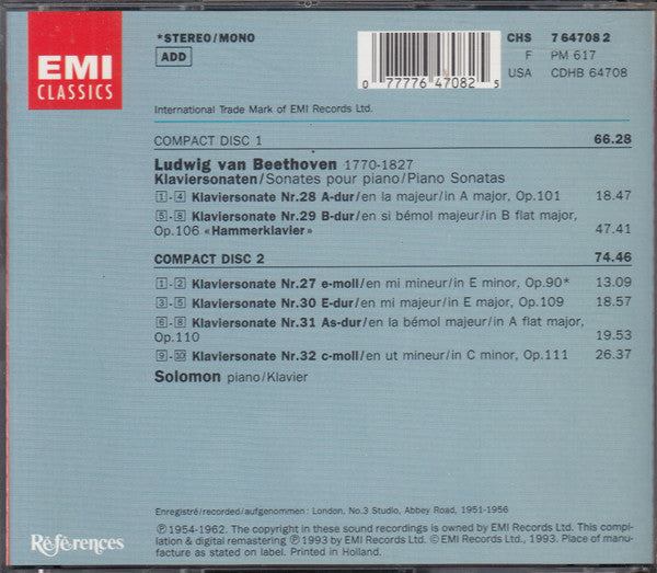 Beethoven*, Solomon (6) : Klaviersonaten = Sonates Pour Piano = Piano Sonatas Opp.90, 101, 106, 109, 110 & 111 (2xCD, Album, Comp, Mono, RM + Box)