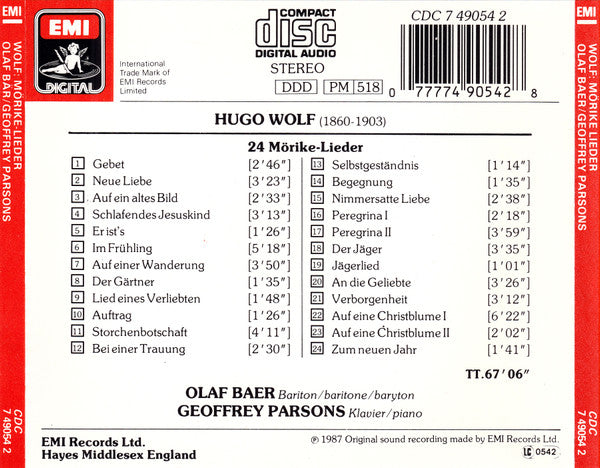 Hugo Wolf - Olaf Bär, Geoffrey Parsons (2) : 24 Mörike Lieder (CD)