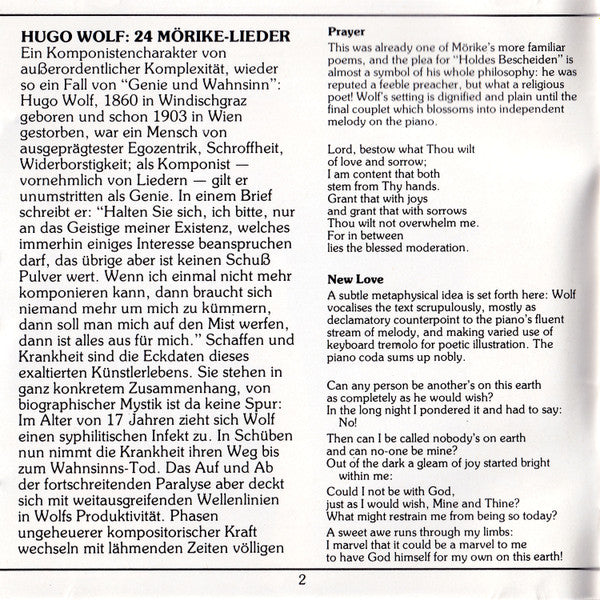 Hugo Wolf - Olaf Bär, Geoffrey Parsons (2) : 24 Mörike Lieder (CD)