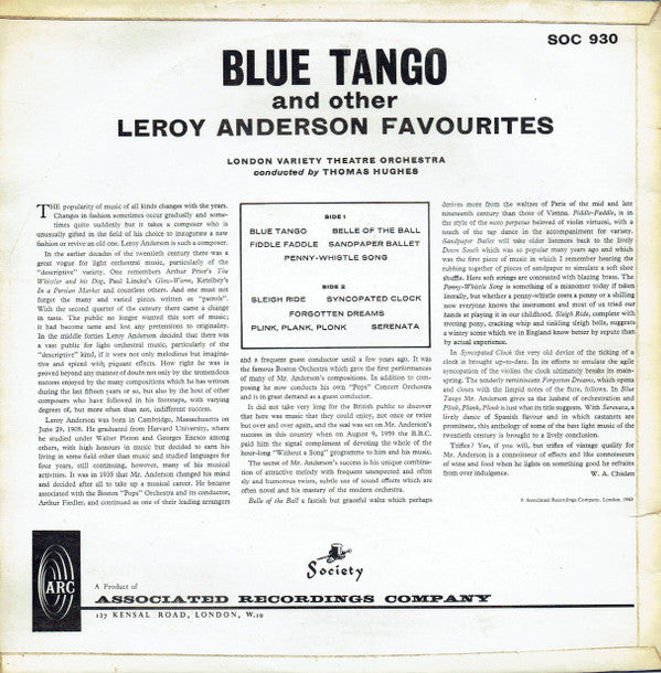 London Variety Theatre Orchestra, Thomas Hughes (6) : Blue Tango And Other Leroy Anderson Favourites (LP, Album)