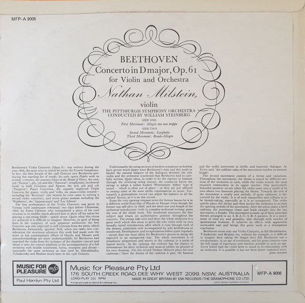 Beethoven*, Nathan Milstein, Pittsburgh Symphony Orchestra, William Steinberg : Violin Concerto (LP, Mono)