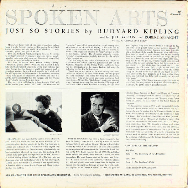 Rudyard Kipling Read By Jill Balcon, Robert Speaight : Just So Stories By Rudyard Kipling Read By Bill Balcon Robert Speaight (Volume Two) (LP, Album)
