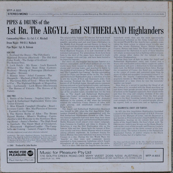 1st Bn Argyll & Sutherland Highlanders* : Pipes & Drums (LP, Album)