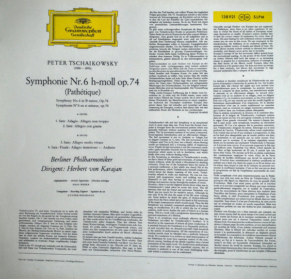 Pyotr Ilyich Tchaikovsky - Berliner Philharmoniker · Herbert von Karajan : Symphonie Nr.6 h-moll »Pathétique« (LP, RE)