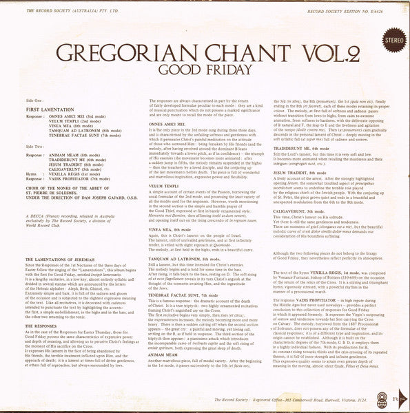 Chœur Des Moines De L'Abbaye Saint-Pierre De Solesmes / Director: Dom Joseph Gajard : Gregorian Chant Vol. 2 - Good Friday - The Responses Of Tenebrae (LP, Album, Club)