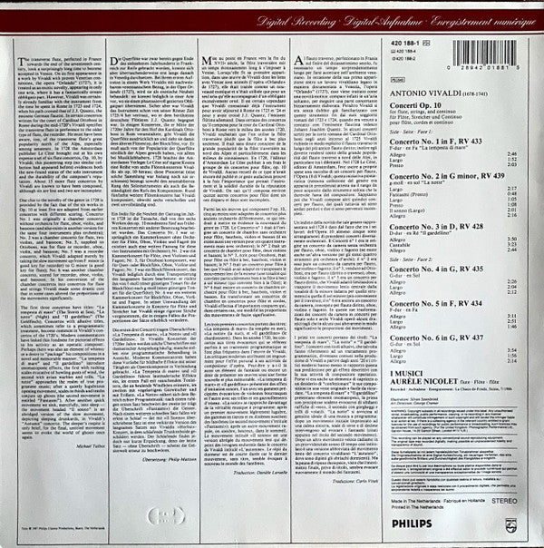 Antonio Vivaldi - I Musici, Aurèle Nicolet : 6 Flute Concertos, Op. 10 (LP)