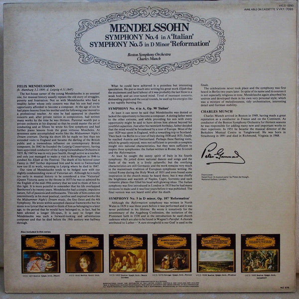 Felix Mendelssohn-Bartholdy, Boston Symphony Orchestra, Charles Munch : Symphony No. 4 In A 'Italian' / Symphony No. 5 In D Minor 'Reformation' (LP, Album, RE)