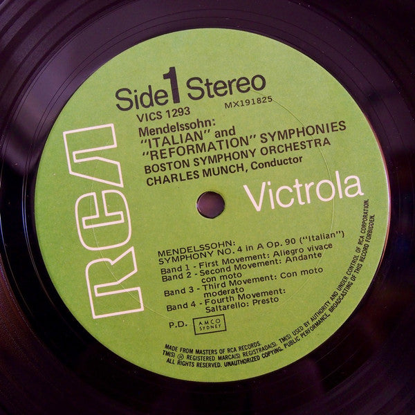 Felix Mendelssohn-Bartholdy, Boston Symphony Orchestra, Charles Munch : Symphony No. 4 In A 'Italian' / Symphony No. 5 In D Minor 'Reformation' (LP, Album, RE)