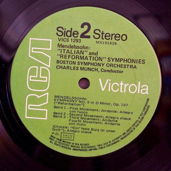 Felix Mendelssohn-Bartholdy, Boston Symphony Orchestra, Charles Munch : Symphony No. 4 In A 'Italian' / Symphony No. 5 In D Minor 'Reformation' (LP, Album, RE)