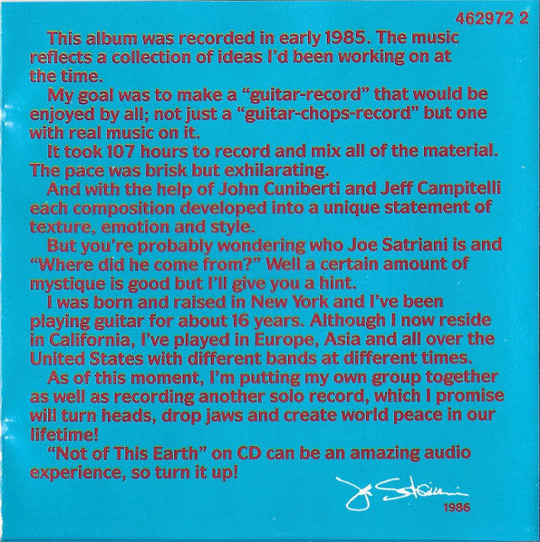 Joe Satriani : Not Of This Earth (CD, Album)