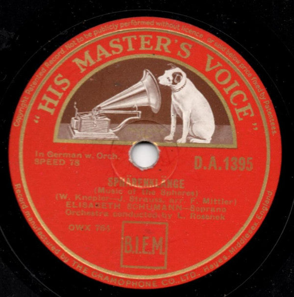 Elisabeth Schumann : Sphärenklänge / Auf Flugeln Des Gesanges (Shellac, 10")