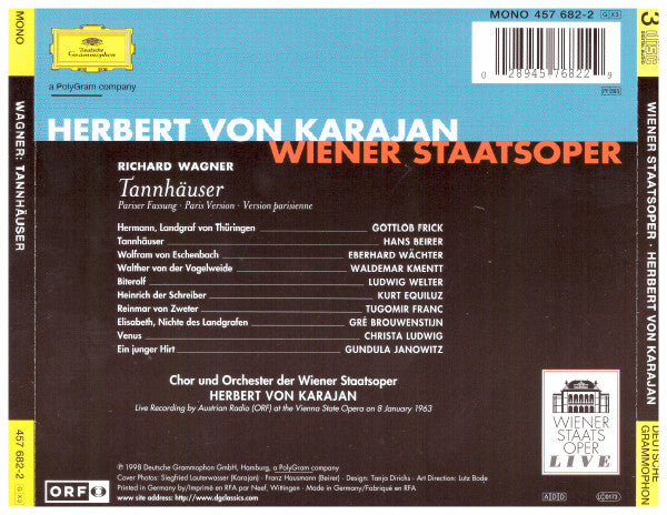 Richard Wagner - Gré Brouwenstijn · Christa Ludwig · Hans Beirer · Eberhard Wächter · Gottlob Frick · Gundula Janowitz · Orchester Der Wiener Staatsoper · Herbert von Karajan : Tannhäuser (3xCD, Album, Mono, RE, RM)