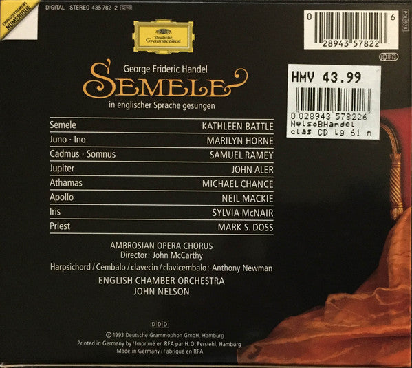 George Frideric Handel* - Kathleen Battle ∙ Marilyn Horne ∙ Samuel Ramey ∙ John Aler ∙ Sylvia McNair ∙ Michael Chance ∙ Ambrosian Opera Chorus* ∙ English Chamber Orchestra ∙ John Nelson (5) : Semele (3xCD, Album + Box, Sli)