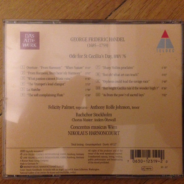 Georg Friedrich Händel - Concentus Musicus Wien, Nikolaus Harnoncourt, Stockholm Bach Choir, Anders Öhrwall, Felicity Palmer, Anthony Rolfe Johnson : Ode For St. Cecilia's Day (CD, Album, RE)