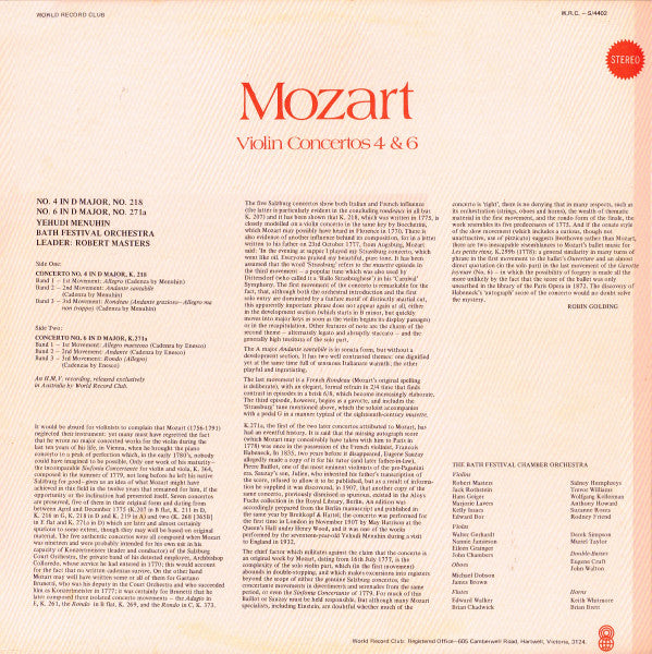 Mozart* : Violin Concertos 4 & 6 (LP, Album, Club, RE)