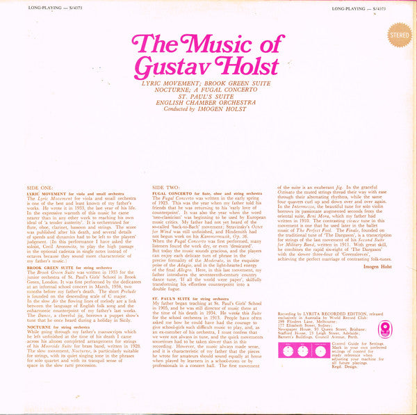 Gustav Holst, English Chamber Orchestra Conducted By Imogen Holst : The Music Of Gustav Holst (LP, Album, Club)