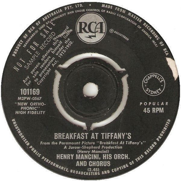 Henry Mancini And His Orchestra And Chorus : Breakfast At Tiffany's  (7", Single, Promo)