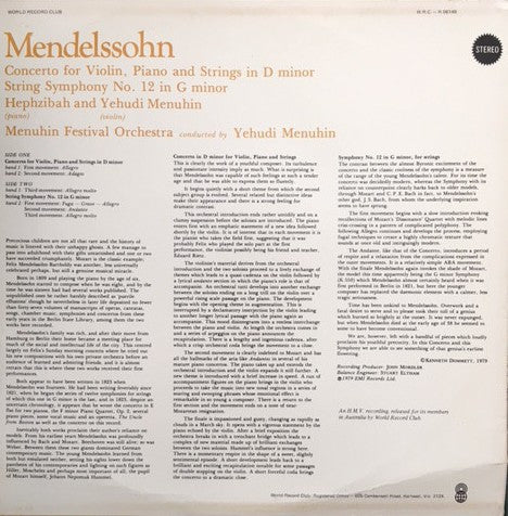 Mendelssohn* - Hephzibah Menuhin & Yehudi Menuhin, Menuhin Festival Orchestra : Concerto For Violin, Piano & Strings / String Symphony No.12 (LP, Album, Club)