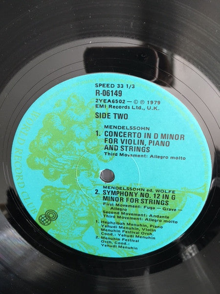Mendelssohn* - Hephzibah Menuhin & Yehudi Menuhin, Menuhin Festival Orchestra : Concerto For Violin, Piano & Strings / String Symphony No.12 (LP, Album, Club)