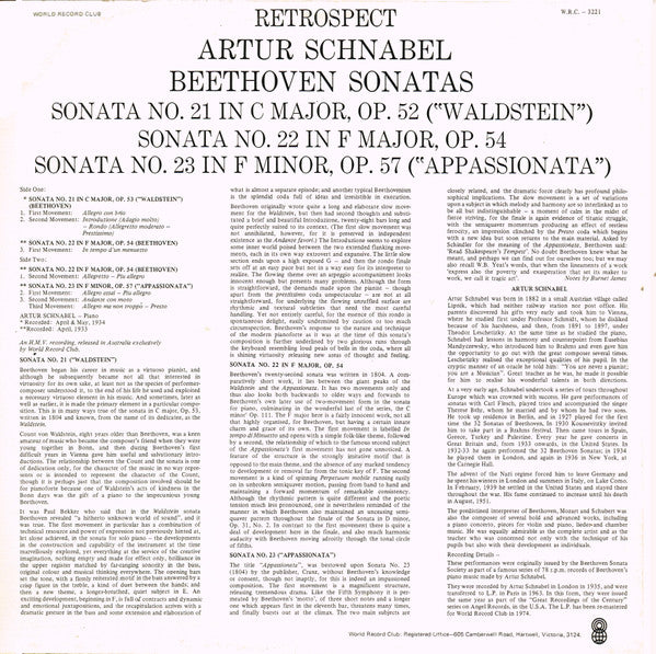 Artur Schnabel / Beethoven* : Sonatas / Sonata No. 21 In C Major, Op. 53 ("Waldstein") / Sonata No. 22 In F Major, Op. 54 / Sonata No. 23 In F Minor, Op. 57 ("Appassionata") (LP, Comp, Mono, Club, RM)
