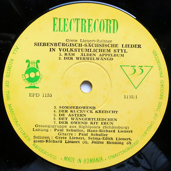 Grete Lienert-Zultner : Siebenbürgisch-Sächsische Lieder In Volkstümlichem Stil (10", Album, Mono, M/Print)