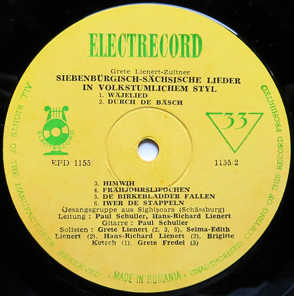 Grete Lienert-Zultner : Siebenbürgisch-Sächsische Lieder In Volkstümlichem Stil (10", Album, Mono, M/Print)