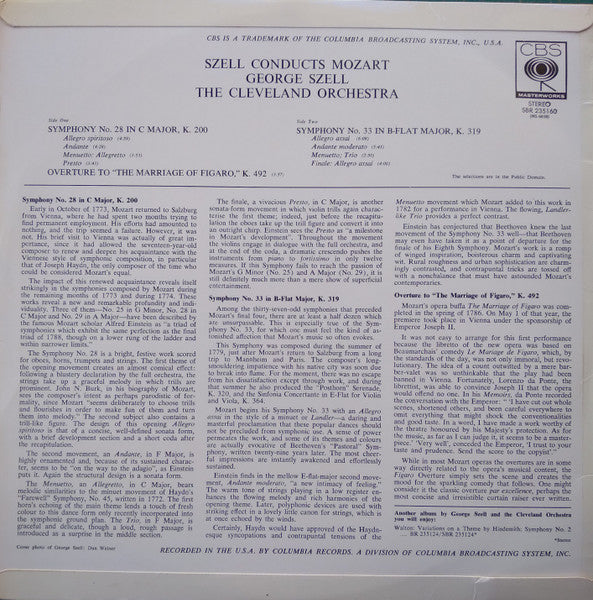 George Szell Conducts Wolfgang Amadeus Mozart, The Cleveland Orchestra : Symphony No. 33 In B-Flat, K. 319 / Symphony No. 28 In C, K. 200 / Overture To The Marriage Of Figaro (LP)