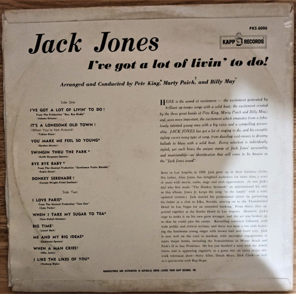 Jack Jones With Pete King (2) - Marty Paich - Billy May : I've Got A Lot Of Livin' To Do! (LP, Album)