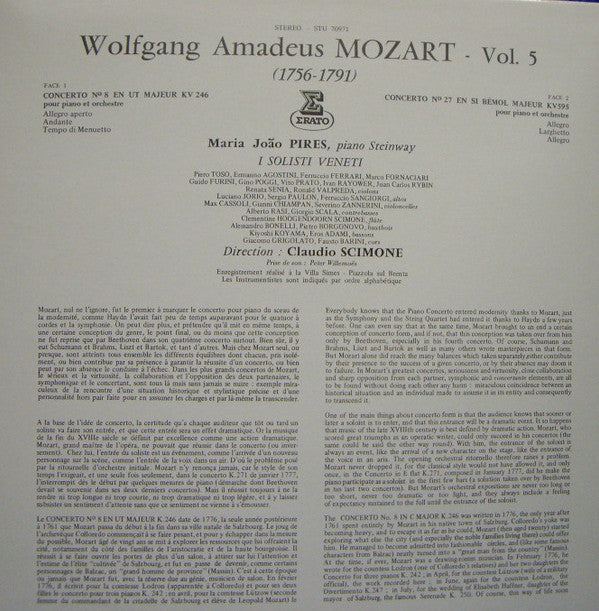 Maria-João Pires Interprete Wolfgang Amadeus Mozart, I Solisti Veneti , Dir. Claudio Scimone : Deux Concertos Pour Piano N° 8 En Ut Majeur KV 246 - N°27 En Si Bémol Majeur KV 595   Vol. 5 (LP, Album)