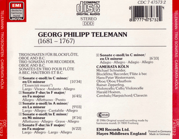 Georg Philipp Telemann, Camerata Köln : Triosonaten - Trio Sonatas - Sonates En Trio (CD, Album)