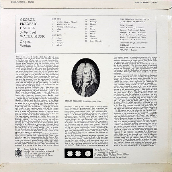 Georg Friedrich Händel / Orchestre De Chambre Jean-François Paillard Conducted By Jean-François Paillard : Water Music (Original Version) (LP, Album, Club)