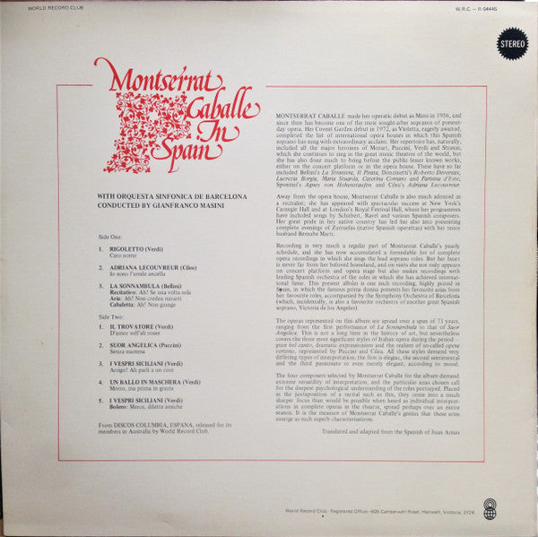 Montserrat Caballé, Gianfranco Masini, Orquestra Simfònica De Barcelona I Nacional De Catalunya : In Spain  (LP, Comp, Club)