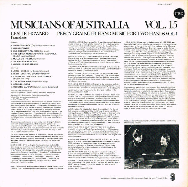 Percy Grainger, Leslie Howard : Musicians Of Australia, Vol. 15 - Percy Grainger: Piano Music For Two Hands Vol. 1 (LP, Album, Club)