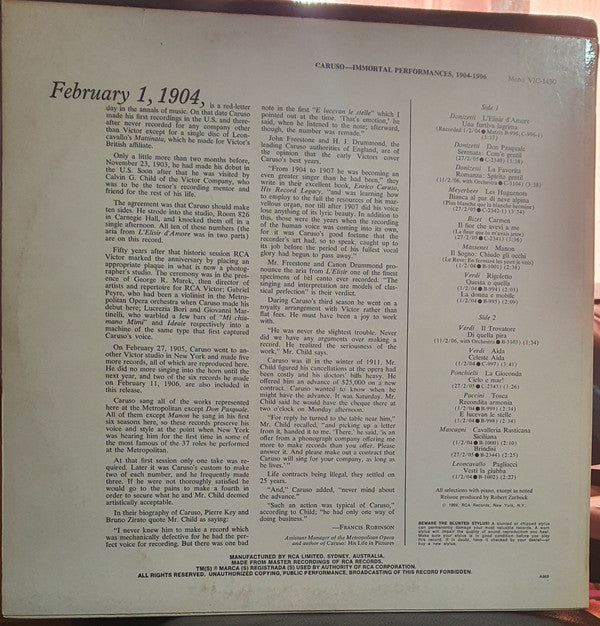 Enrico Caruso : Immortal Performances 1904-1906 (LP, Comp)