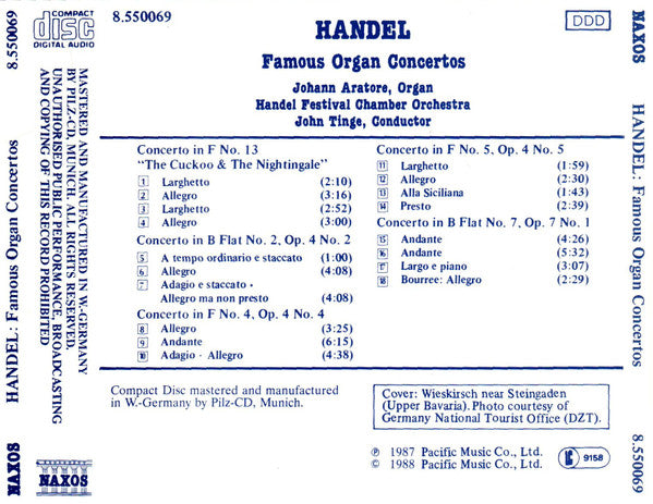 Handel* - Johann Aratore, John Tinge, Handel Festival Chamber Orchestra : Famous Organ Concertos (CD, Album)