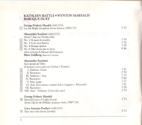 Kathleen Battle • Wynton Marsalis, Anthony Newman, Orchestra Of St. Luke's, John Nelson (5) : Baroque Duet (CD, Album, Sli)