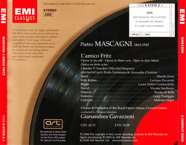 Mascagni*, Gianandrea Gavazzeni, Freni* · Pavarotti* · Sardinero*, Chorus* & Orchestra Of The Royal Opera House, Covent Garden : L'Amico Fritz (2xCD, Album, RE, RM + Box, Sli)