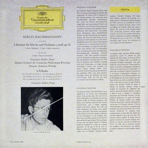 Sviatoslav Richter : Rachmaninoff* : Klavierkonzert Nr.2 In C-moll = Piano-Concerto No. 2 In C Minor / 6 Preludes (LP)