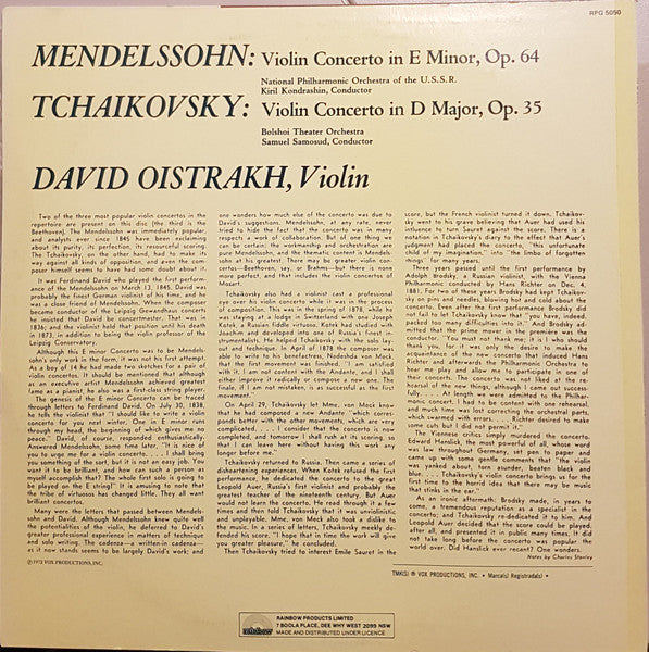 David Oistrach, Felix Mendelssohn-Bartholdy & Pyotr Ilyich Tchaikovsky : Mendelssohn & Tchaikovsky Violin Concertos (LP, Album)