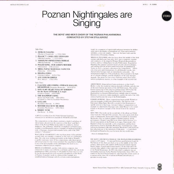 Boys' And Men's Choir Of The Poznan Philharmonia* Conducted By Stefan Stuligrosz : Poznan Nightingales Are Singing (LP, Album, Club)