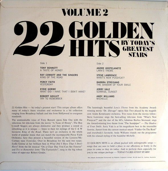 Various : 22 Golden Hits By Today's Greatest Stars Volume 2 (LP, Comp)