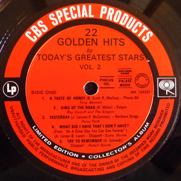 Various : 22 Golden Hits By Today's Greatest Stars Volume 2 (LP, Comp)