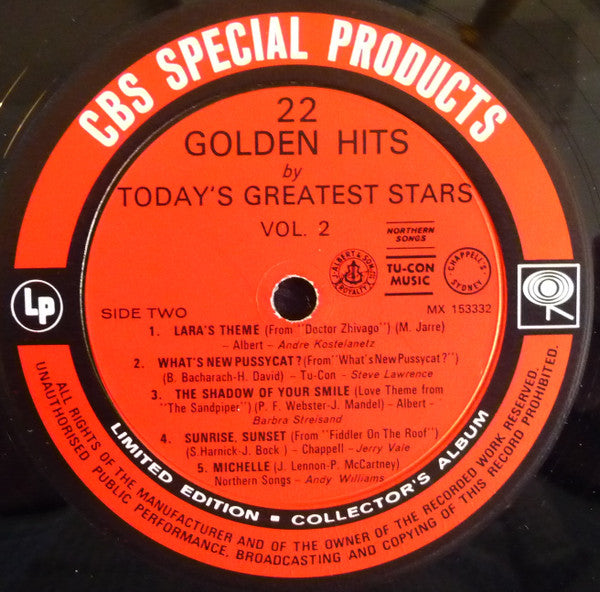 Various : 22 Golden Hits By Today's Greatest Stars Volume 2 (LP, Comp)
