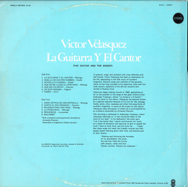 Victor Velázquez : La Guitarra Y El Cantor (LP, Album, Club)