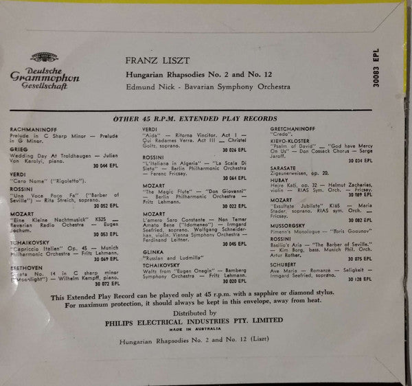 Franz Liszt – Edmund Nick / Bavarian Symphony Orchestra* : Hungarian Rhapsodies No. 2 and No. 12 (7", EP, Mono)