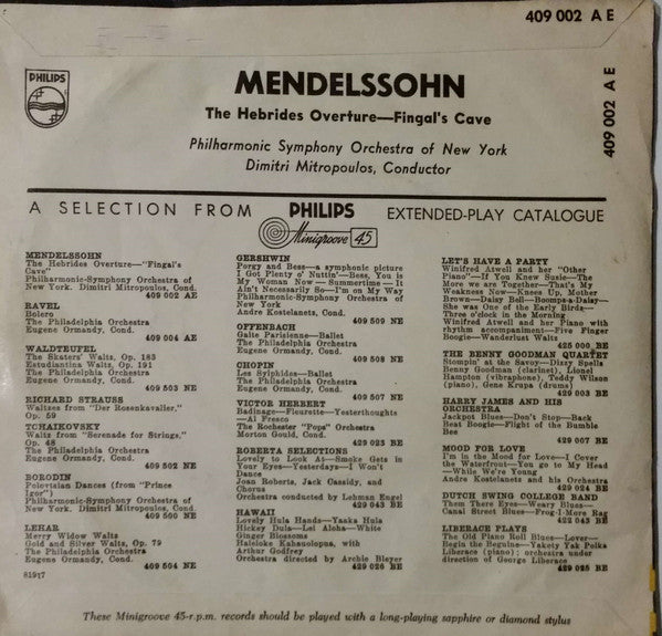 Felix Mendelssohn-Bartholdy, Dimitri Mitropoulos Conducting Philharmonic-Symphony Orchestra Of New York : The Hebrides Overture (Fingal's Cave) (7", EP, Mono)
