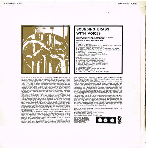 Massed Brass Bands Of Fodens, Fairey Aviation & Morris Motors Conducted By Harry Mortimer, O.B.E.* : Sounding Brass With Voices (LP, Album, Club)