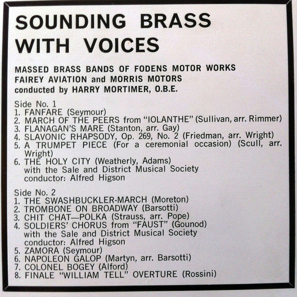 Massed Brass Bands Of Fodens, Fairey Aviation & Morris Motors Conducted By Harry Mortimer, O.B.E.* : Sounding Brass With Voices (LP, Album, Club)