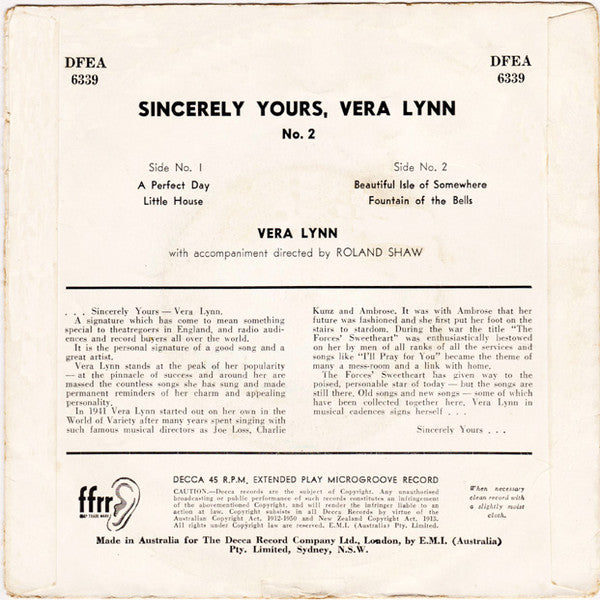 Vera Lynn : Sincerely Yours, Vera Lynn No.2 (7", EP, Mono)