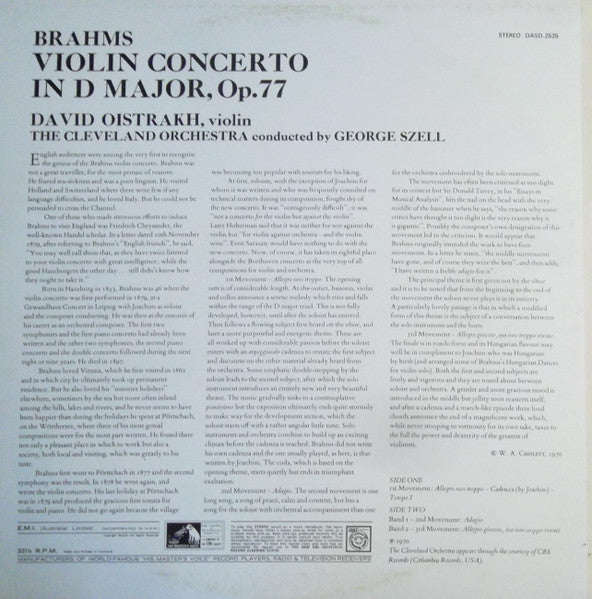 Brahms* • David Oistrakh* • George Szell • The Cleveland Orchestra : Brahms Violin Concerto (LP)